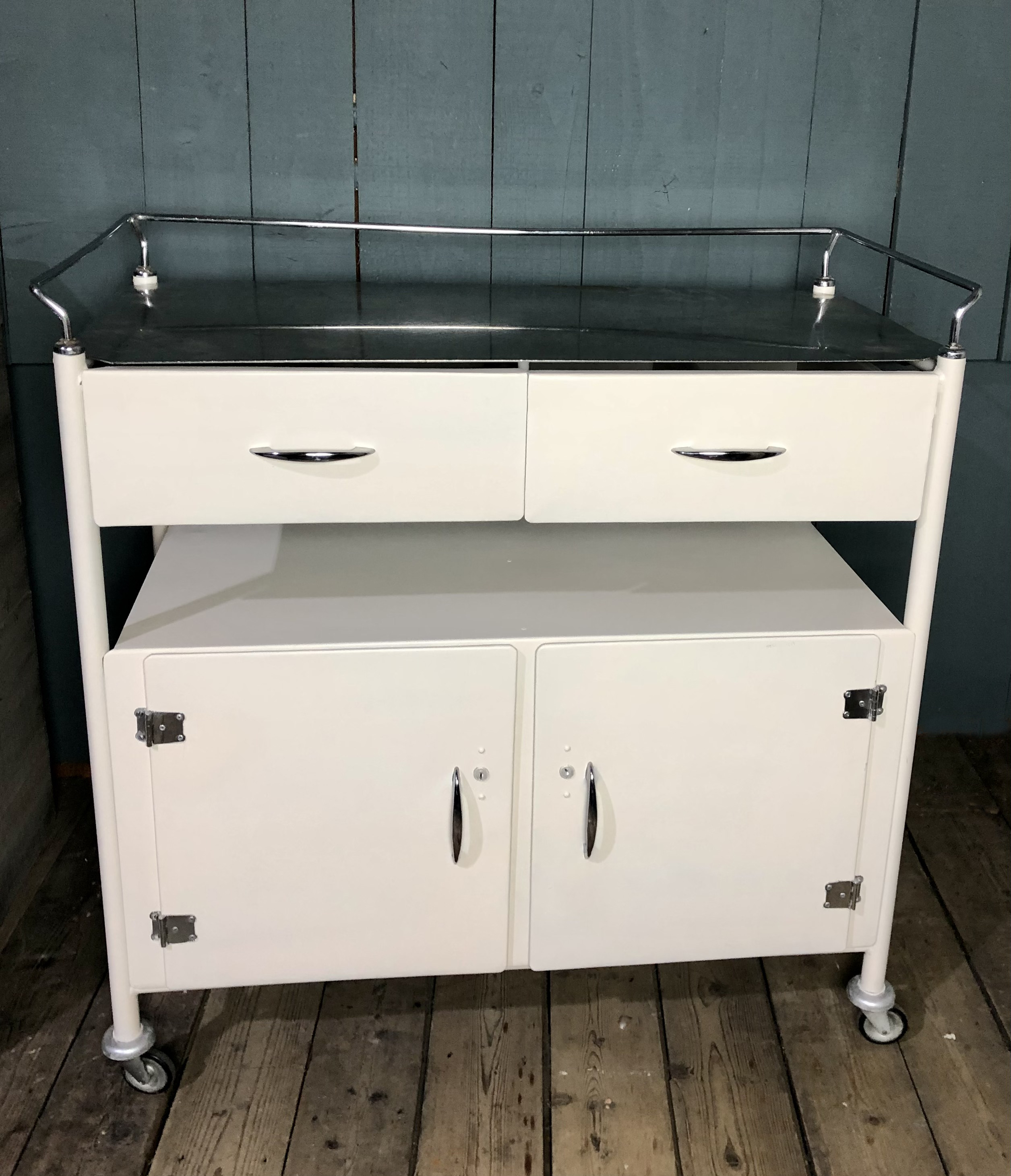 Cream Medical Trolley 2 – Cupboards & Stainless Top